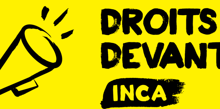 Logo de la campagne Droits Devant ! d’INCA avec l’icone d’un porte-voix aux couleurs jaune et noir d’INCA