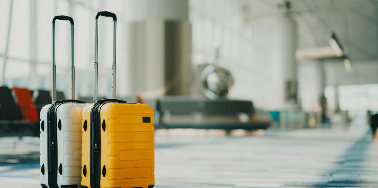 Two suitcases sit in an airport terminal near a departure gate.