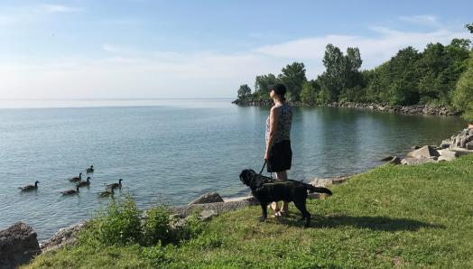 Cindy and her guide dog Barney, a black Labrador-Retriever, overlooking a lake with ducks swimming by.