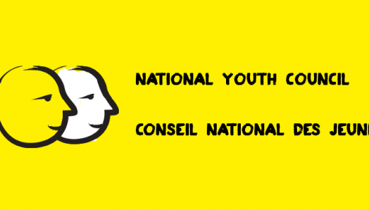 Une bannière jaune avec une icône représentant deux visages dessinés avec au pinceau noir épais. Texte : Conseil national des jeunes.  