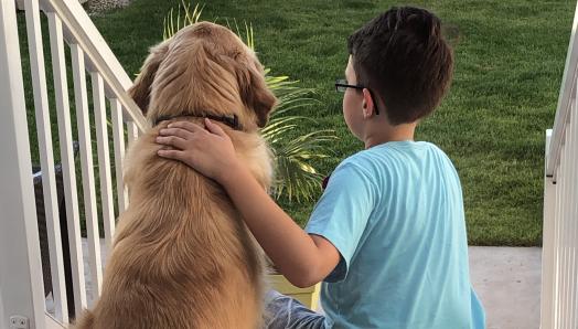 The backs of Austin and his CNIB Buddy Dog Dickson, a golden retriever, sitting on an outdoor backstep looking out; Austin is petting Dickson’s back.