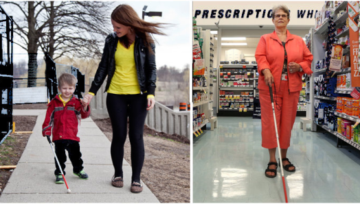A collage of two photographs. Left, a young child holds his mother's hand and a white cane. He walks along a sidewalk. Right, an older woman has a white cane and walks down a pharmacy aisle. 