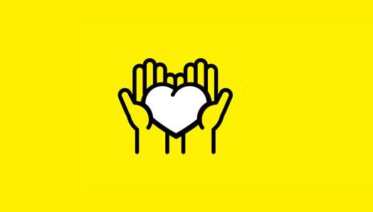 A yellow graphic of hands holding a white heart outlined in black.