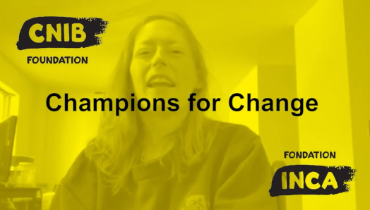 Screenshot of Champions for Change video title slide. A photo of woman’s face overlaid with a yellow foreground. The text: “Champions for Change” appears in the centre of the screen in black.