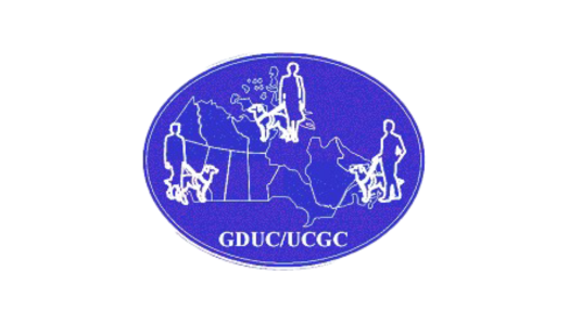 Guide Dog Users of Canada logo. A purple illustration of the map of Canada and three working guide dog teams. 