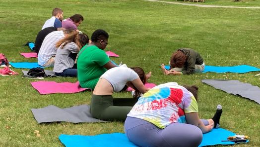Huit personnes sont assises sur l'herbe, sur des tapis de yoga colorés. Elles sont toutes penchées en avant, une jambe tendue. En face d'eux, une femme prend la même position. 