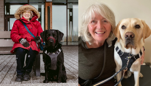 Two photos of graduating partnerships. Left: Cheri smiles and sits on a bench, and her guide dog, Sassy, sits on the pavement to her right. Sassy is a black dog in harness. It’s lightly snowing, and Cheri is wearing a red winter jacket and gloves. Right: Maxine and her guide dog, Symba, pose for a selfie together. Symba is a yellow dog in harness.